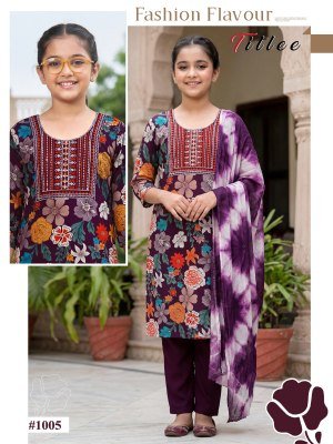 Titlee Kids 3 Piece Kurti Pant Dupatta Set Rayon Persian Foil Print kurti pant with dupatta Catalogs