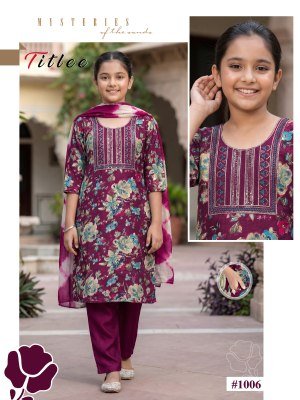 Titlee Kids 3 Piece Kurti Pant Dupatta Set Rayon Persian Foil Print kurti pant with dupatta Catalogs