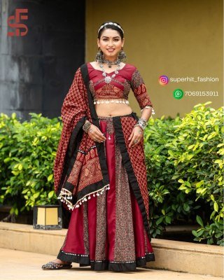 Traditional Rajwadi Navratri Lehenga 7074 Maroon Colour Pure Cotton, Hand-Printed  Embellished Hand Printed And Decorated with Gotta And Cowrie Work W lehenga choli