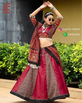 Traditional Rajwadi Navratri Lehenga 7074 Maroon Colour Pure Cotton, Hand-Printed  Embellished Hand Printed And Decorated with Gotta And Cowrie Work W lehenga choli