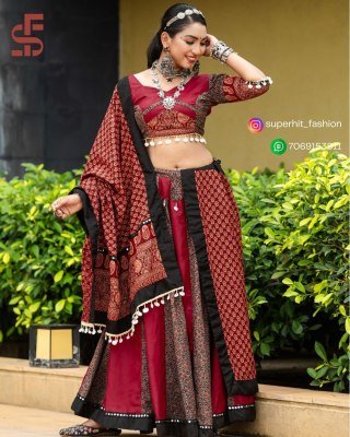 Traditional Rajwadi Navratri Lehenga 7074 Maroon Colour Pure Cotton, Hand-Printed  Embellished Hand Printed And Decorated with Gotta And Cowrie Work W lehenga choli