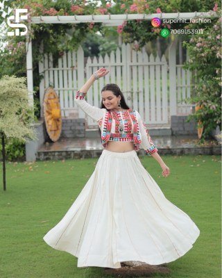 Traditional Ramkudi Cream Colour Roman Lehenga Choli Roman Fabric Lehenga with Kutchi Gamthi Embroidered Koti And Gota Patti Lace Chain Navratri Edi Amavi