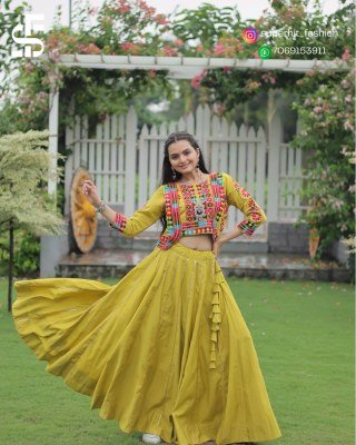 Traditional Ramkudi Parrot  Colour Roman Lehenga Choli Roman Fabric Lehenga with Kutchi Gamthi Embroidered Koti And Gota Patti Lace Chain Navratri Edi lehenga choli