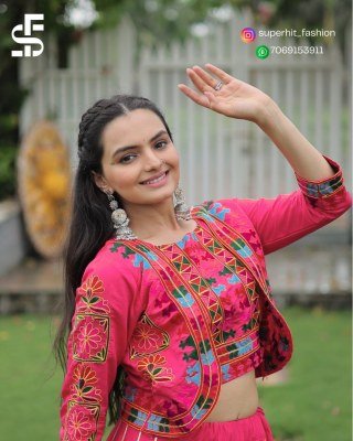 Traditional Ramkudi Pink Colour Roman Lehenga Choli Roman Fabric Lehenga with Kutchi Gamthi Embroidered Koti And Gota Patti Lace Chain Navratri Edit lehenga choli