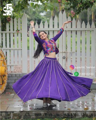 Traditional Ramkudi Purple Colour Roman Lehenga Choli Roman Fabric Lehenga with Kutchi Gamthi Embroidered Koti And Gota Patti Lace Chain Navratri Edi lehenga choli