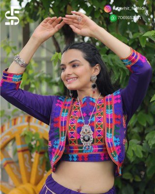 Traditional Ramkudi Purple Colour Roman Lehenga Choli Roman Fabric Lehenga with Kutchi Gamthi Embroidered Koti And Gota Patti Lace Chain Navratri Edi lehenga choli