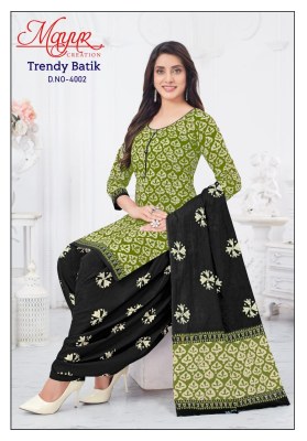 Trendy batik vol 4 by Mayur heavy cotton unstitched dress material catalogue at low rate dress material catalogs