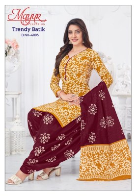 Trendy batik vol 4 by Mayur heavy cotton unstitched dress material catalogue at low rate dress material catalogs