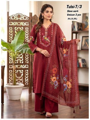 Tulsi 3 Piece Vertican Fabric Suit Set with Sleeve Work 