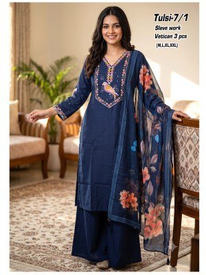 Tulsi 3 Piece Vertican Fabric Suit Set with Sleeve Work kurti pant with dupatta Catalogs