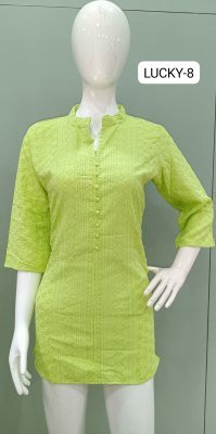 Tunic House Chikankari Short Top  Viscose Rayon, Full Lucknowi Work Front, Back And Sleeves Wholesale kurtis catalogs