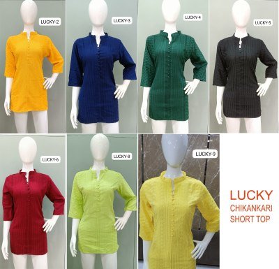 Tunic House Chikankari Short Top  Viscose Rayon, Full Lucknowi Work Front, Back And Sleeves Wholesale kurtis catalogs
