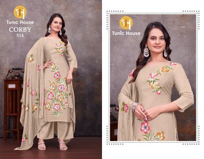 Tunic House Corby-Blush Mul Chanderi Festive Suit Set Collection kurti pant with dupatta Catalogs