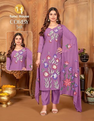 Tunic House Corby-Blush Mul Chanderi Festive Suit Set Collection kurti pant with dupatta Catalogs
