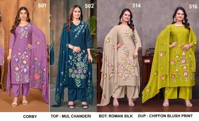 Tunic House Corby-Blush Mul Chanderi Festive Suit Set Collection kurti pant with dupatta Catalogs