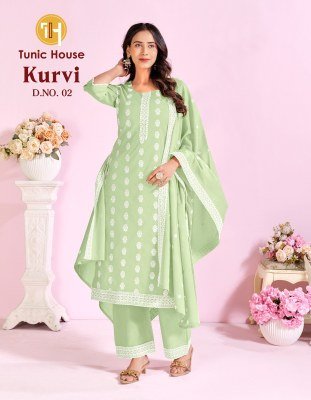 Tunic House Kurvi Cotton Schiffli Kurti Pant with Dupatta kurti pant with dupatta Catalogs