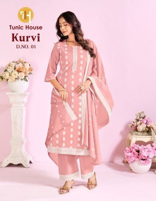 Tunic House Kurvi Cotton Schiffli Kurti Pant with Dupatta kurti pant with dupatta Catalogs