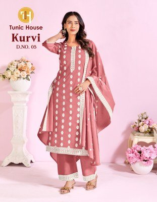 Tunic House Kurvi Cotton Schiffli Kurti Pant with Dupatta kurti pant with dupatta Catalogs