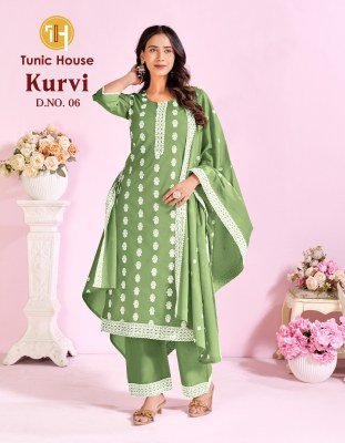 Tunic House Kurvi Cotton Schiffli Kurti Pant with Dupatta kurti pant with dupatta Catalogs