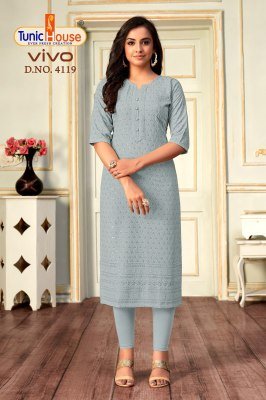 Tunic House Vivo Chikankari Sequence Kurti Viscose Rayon Designer Kurti Wholesale kurtis catalogs