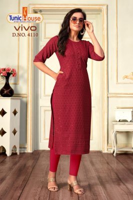 Tunic House Vivo Lucknowi Sequence Kurti Viscose Rayon, All-Side Sequin Embroidery With Pocket Wholesale kurtis catalogs