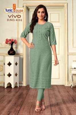 Tunic House Vivo Lucknowi Sequence Kurti Viscose Rayon, All-Side Sequin Embroidery With Pocket Wholesale kurtis catalogs
