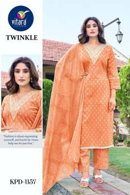 Twinkle by Vitara fashion pure cotton embroidered kurti pant and dupatta catalogue at low rate readymade suit catalogs