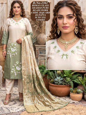V.V.F2032 Roman Glass Handwork 3-Piece Suit with Banarasi Dupatta Size wise Combo Set