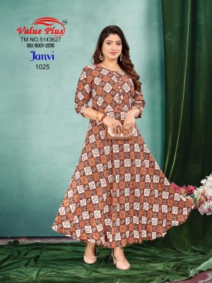 Value plus by Janvi reyon printed flared kurti catalogue at affordable rate kurtis catalogs