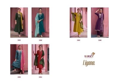 Vamika Liyana Festive Edition Silk Crepe Suit with Hand Embroidery And Vertican Silk With American Creap Bottom Jacquard Dupatta Wholesale kurtis catalogs