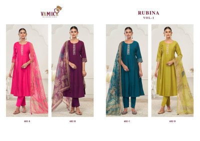 Vamika Tm Rubina Vol 1 Designer Roman Silk Suit Heavy Viscos Handwork Dress with Organza Dupatta Wholesale kurti pant with dupatta Catalogs