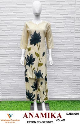 Vandana Creation Anamika Vol 1 Reyon Print Coord Set Ethnic Bulk Wholesale kurtis catalogs
