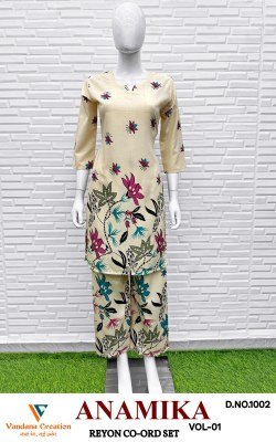 Vandana Creation Anamika Vol 1 Reyon Print Coord Set Ethnic Bulk Wholesale kurtis catalogs
