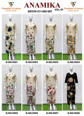 Vandana Creation Anamika Vol 1 Reyon Print Coord Set Ethnic Bulk Wholesale kurtis catalogs