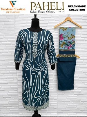 Vandana Creation Paheli Vol 1 Readymade Suit Top Cotton with Neck Daman And Sleeves Organza Sequence Patch Work Bottom Cotton with Pocket  Dupatta Cot kurtis catalogs