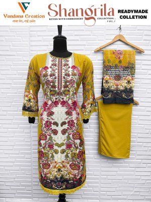Vandana Creation Shangrila Vol 1 Reyon Digital Print Top with Embroidered Neck And Bell Sleeves Plazzo Bottom Cotton Mall Dupatta with Lace on Gala  D kurtis catalogs
