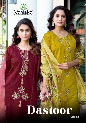 Vaniska Dastoor Vol 1 Roman Silk Straight Kurti Set with Heavy Embroidery And Organza Jacquard Dupatta Wholesale kurti pant with dupatta Catalogs