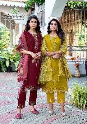Vaniska Dastoor Vol 1 Roman Silk Straight Kurti Set with Heavy Embroidery And Organza Jacquard Dupatta Wholesale kurti pant with dupatta Catalogs