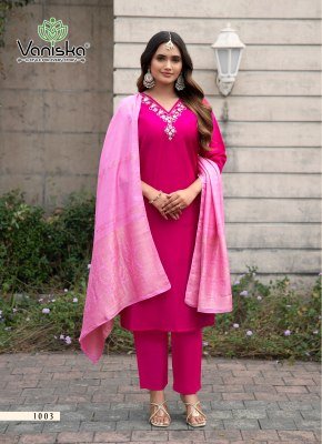 Vaniska Florina Vol 1 Roman Silk Straight Kurti Pant Dupatta Set readymade suit catalogs