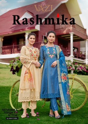 Vazi Fashion Rashmika Premium Designer Suit Pure Viscose Tissue Shimmer with Aariwork Jacquard Organza Dupatta Wholesale kurtis catalogs