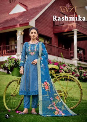 Vazi Fashion Rashmika Premium Designer Suit Pure Viscose Tissue Shimmer with Aariwork Jacquard Organza Dupatta Wholesale kurtis catalogs