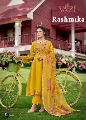 Vazi Fashion Rashmika Premium Designer Suit Pure Viscose Tissue Shimmer with Aariwork Jacquard Organza Dupatta Wholesale kurtis catalogs