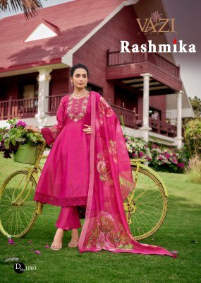 Vazi Fashion Rashmika Premium Designer Suit Pure Viscose Tissue Shimmer with Aariwork Jacquard Organza Dupatta Wholesale kurtis catalogs