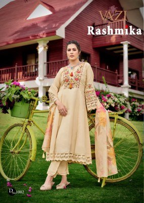 Vazi Fashion Rashmika Premium Designer Suit Pure Viscose Tissue Shimmer with Aariwork Jacquard Organza Dupatta Wholesale kurtis catalogs
