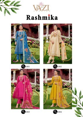 Vazi Fashion Rashmika Premium Designer Suit Pure Viscose Tissue Shimmer with Aariwork Jacquard Organza Dupatta Wholesale kurtis catalogs