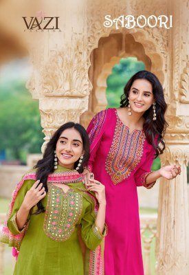 Vazi Fashion Saboori Pure Viscose Chiffon Kurti Pant Dupatta Set with Handwork Embroidery And Digital Print Organza Dupatta Wholesale kurti pant with dupatta Catalogs