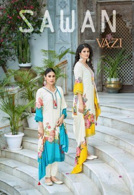 Vazi Fashion Sawan Designer Suit Pure Viscose Muslin Printed Top with Hand And Aari Work  Embellished Bottom Pant  and Printed Muslin Dupatta with Tas kurtis catalogs