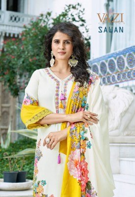 Vazi Fashion Sawan Designer Suit Pure Viscose Muslin Printed Top with Hand And Aari Work  Embellished Bottom Pant  and Printed Muslin Dupatta with Tas kurtis catalogs