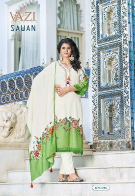 Vazi Fashion Sawan Designer Suit Pure Viscose Muslin Printed Top with Hand And Aari Work  Embellished Bottom Pant  and Printed Muslin Dupatta with Tas kurtis catalogs