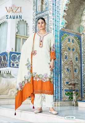 Vazi Fashion Sawan Designer Suit Pure Viscose Muslin Printed Top with Hand And Aari Work  Embellished Bottom Pant  and Printed Muslin Dupatta with Tas kurtis catalogs